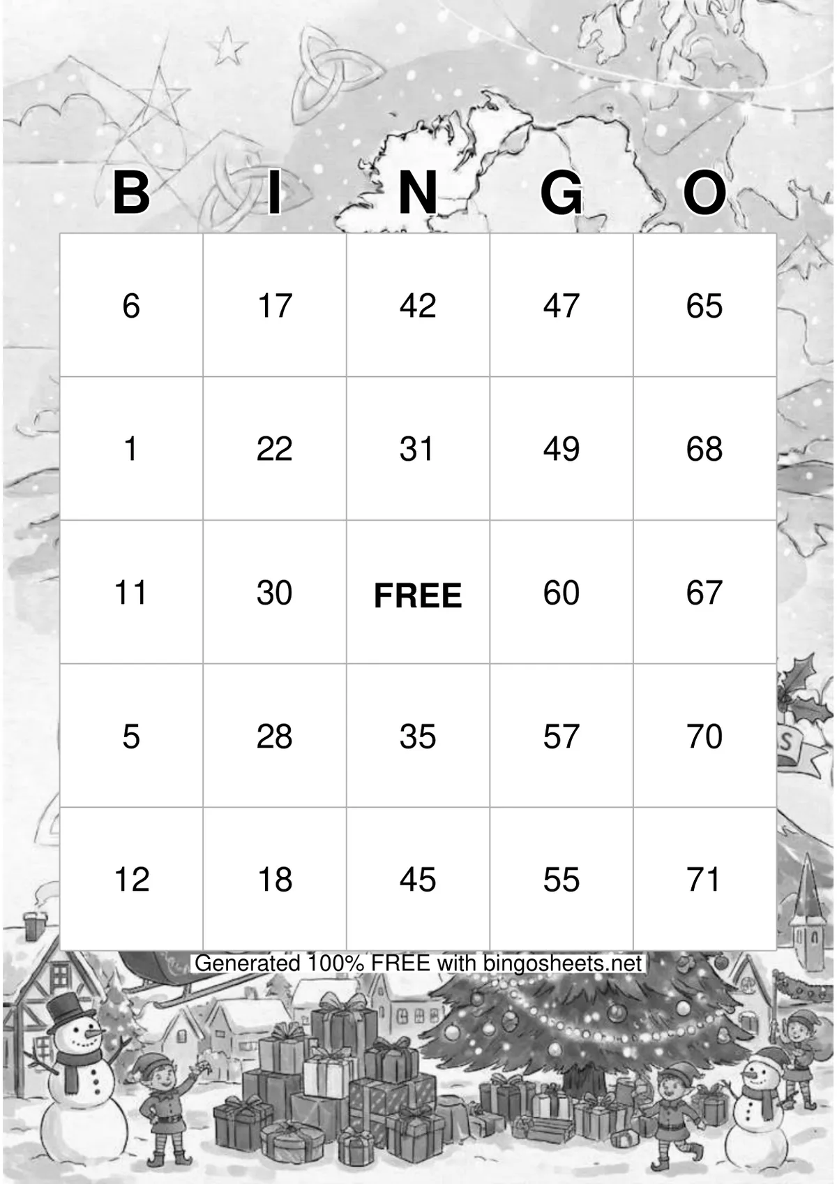 Die moderne Weihnachts-Bingokarte tintensparend in Schwarzweiß gedruckt.