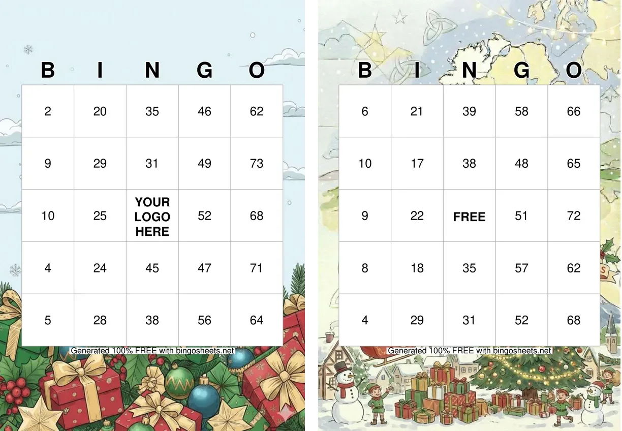 Zwei kostenlose Weihnachts-Bingokarten zum Ausdrucken nebeneinander: das klassische Design mit Geschenken und Christbaumkugeln und das moderne Design mit einem verschneiten Dorf, Schneemännern und Wichteln.
