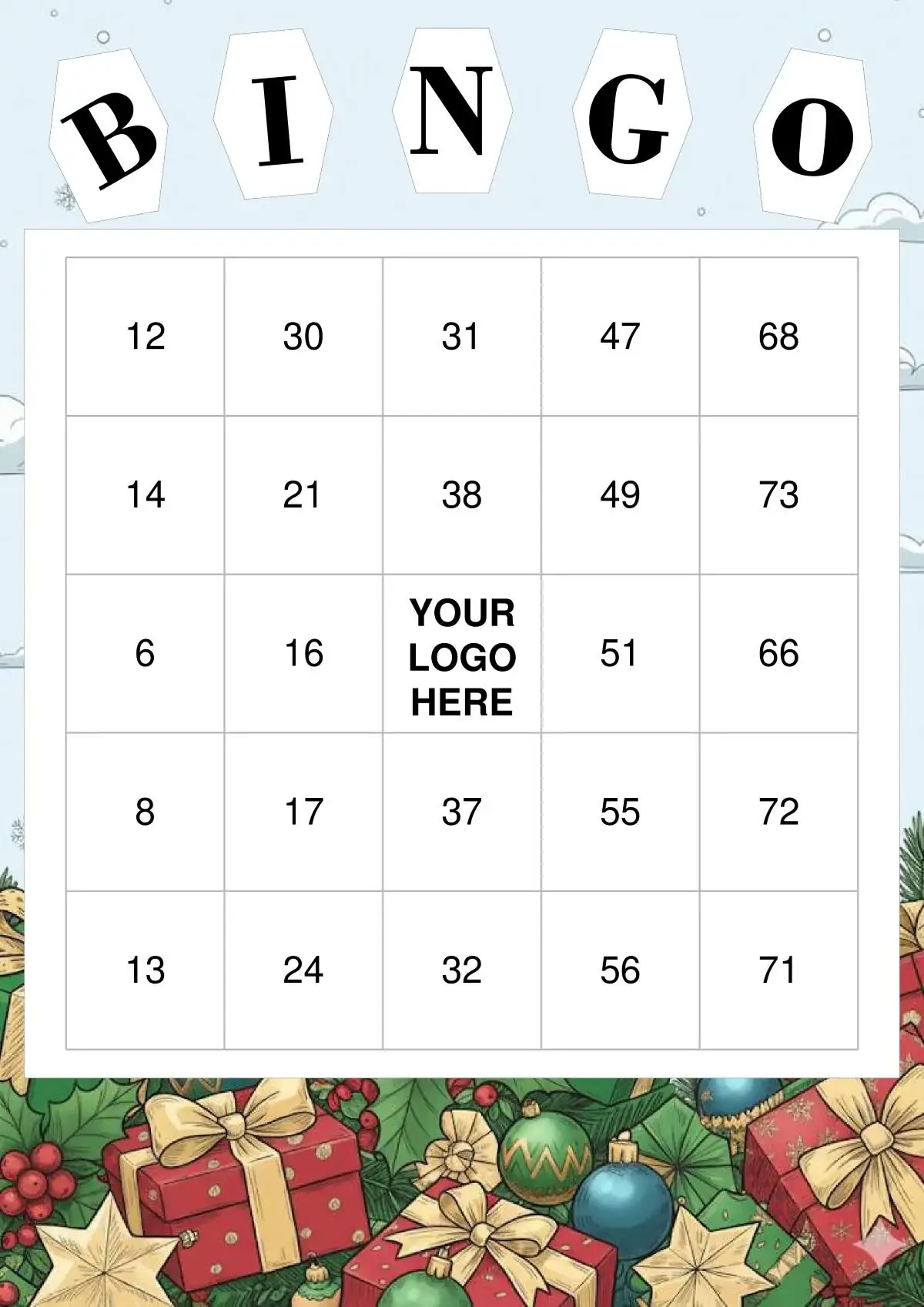 A festive, full-color printable Christmas bingo card with holiday decorations.