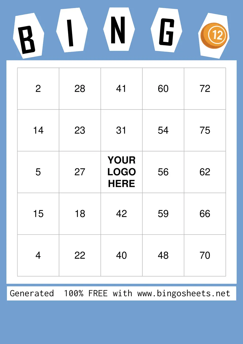 Free printable 75-ball bingo card template with a solid blue background.