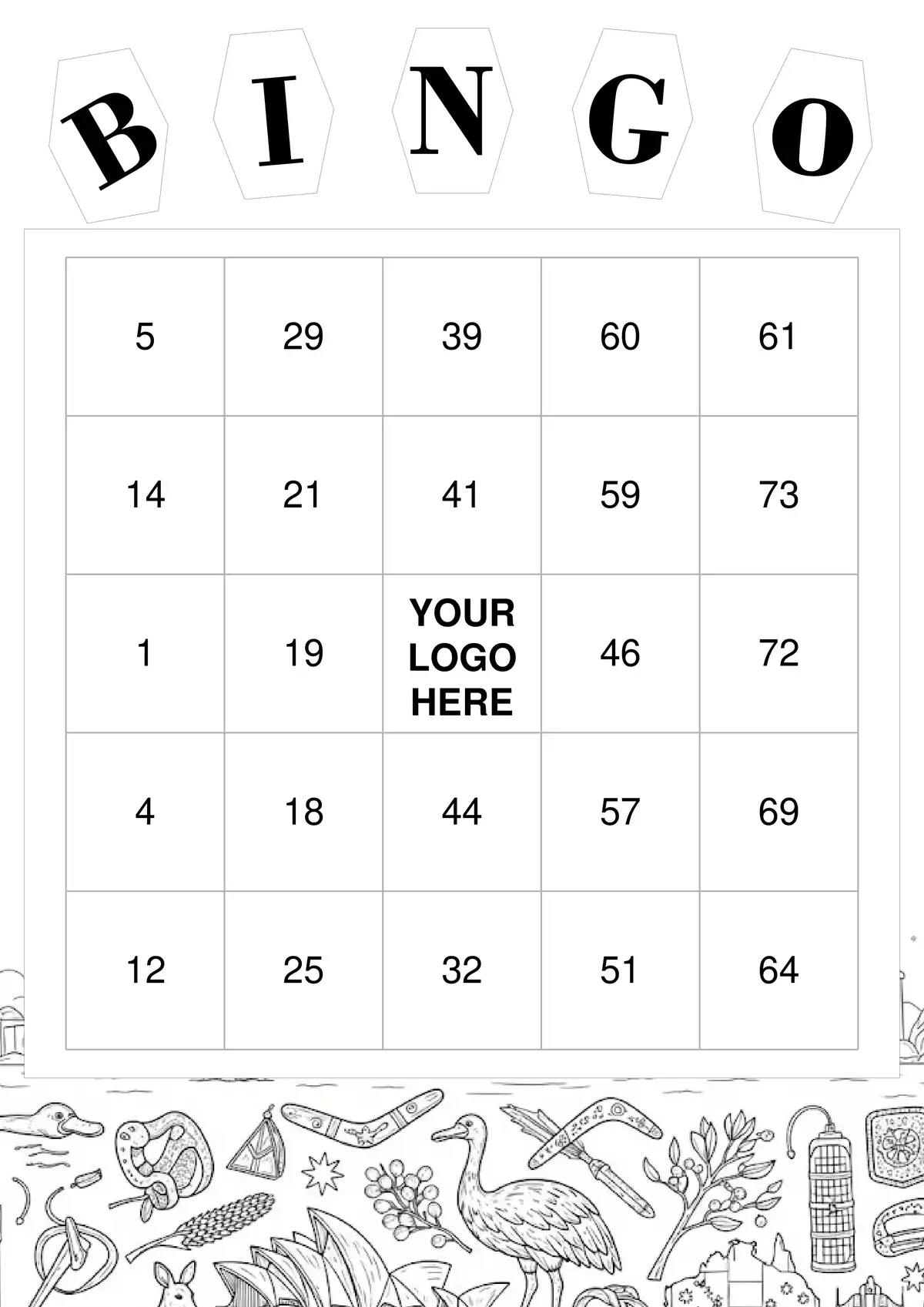 An ink-saving, black and white printable Australia-themed bingo card.