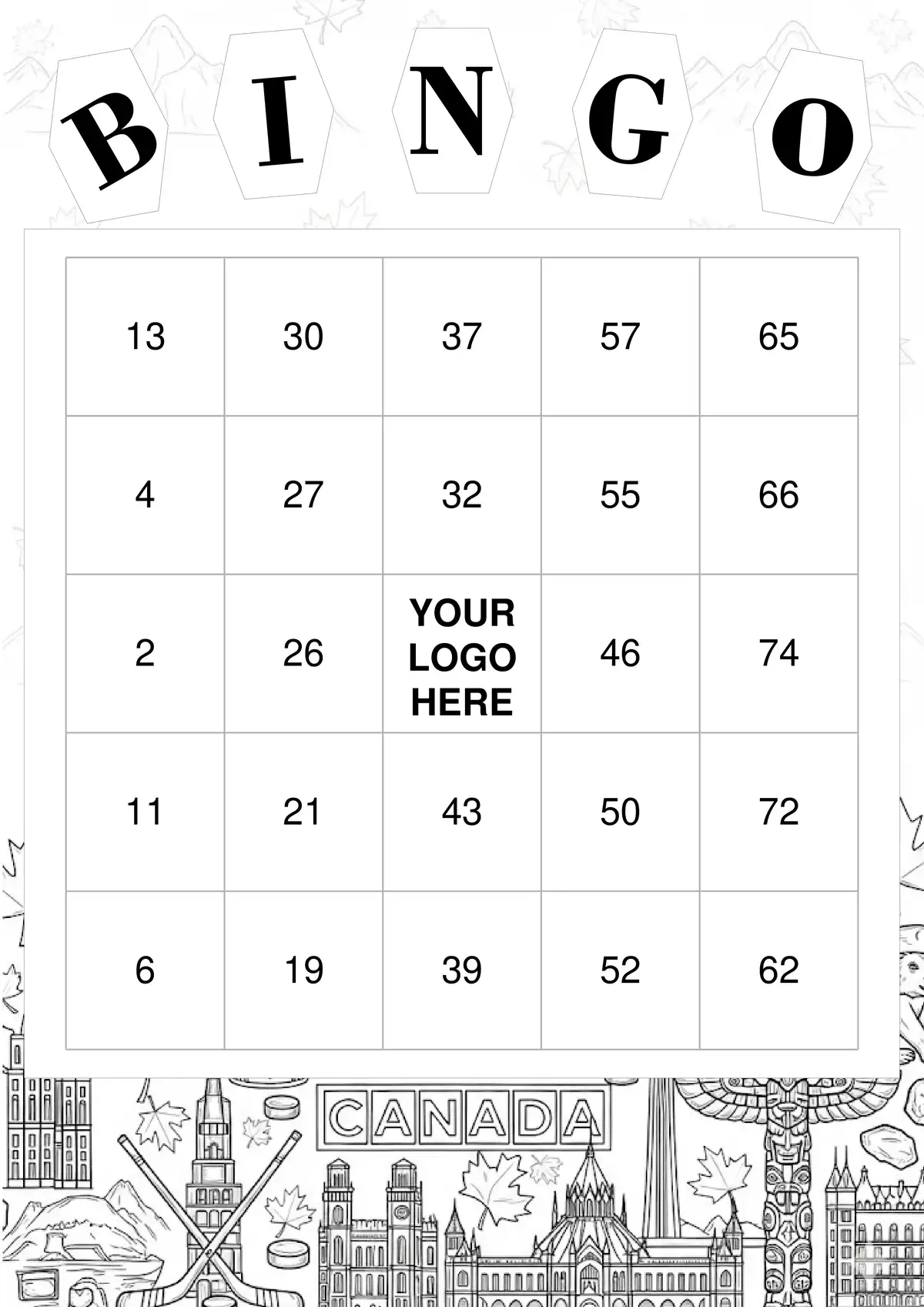 An ink-saving, black and white printable Canada-themed bingo card.
