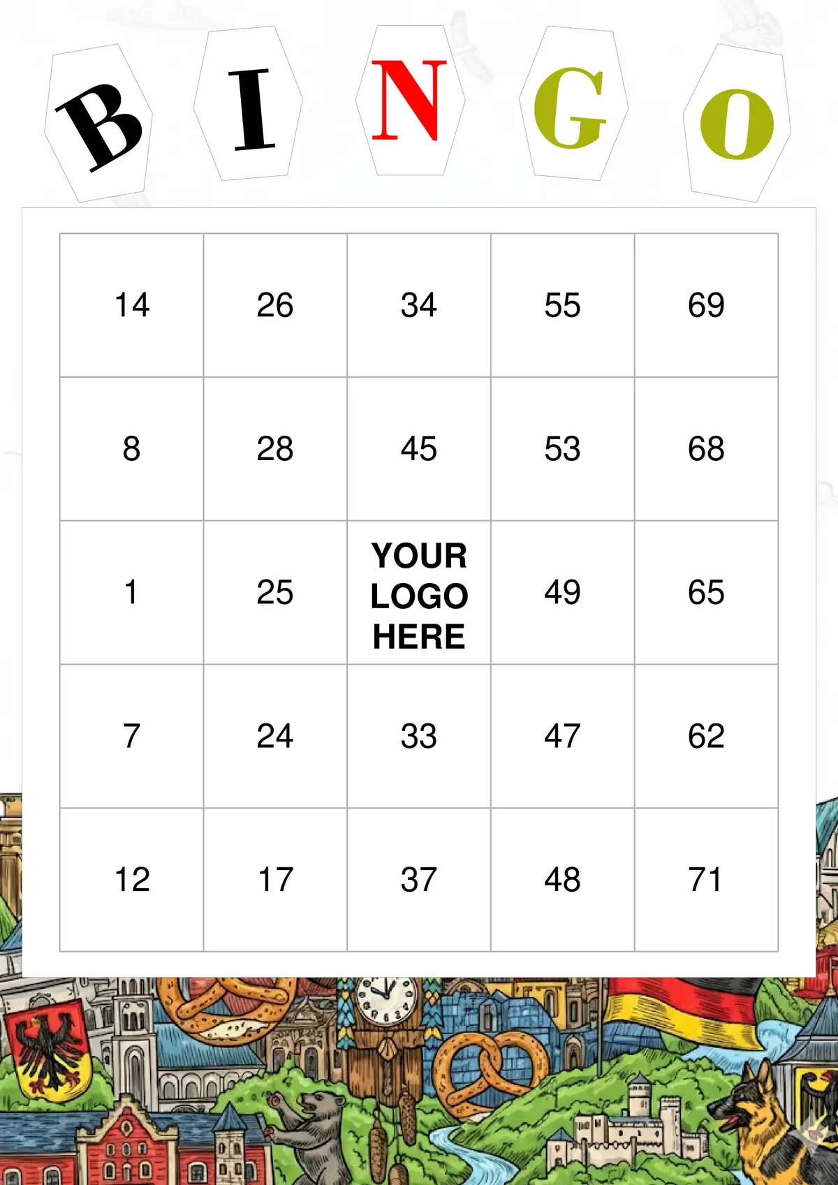 A printable Germany-themed bingo card in full color.