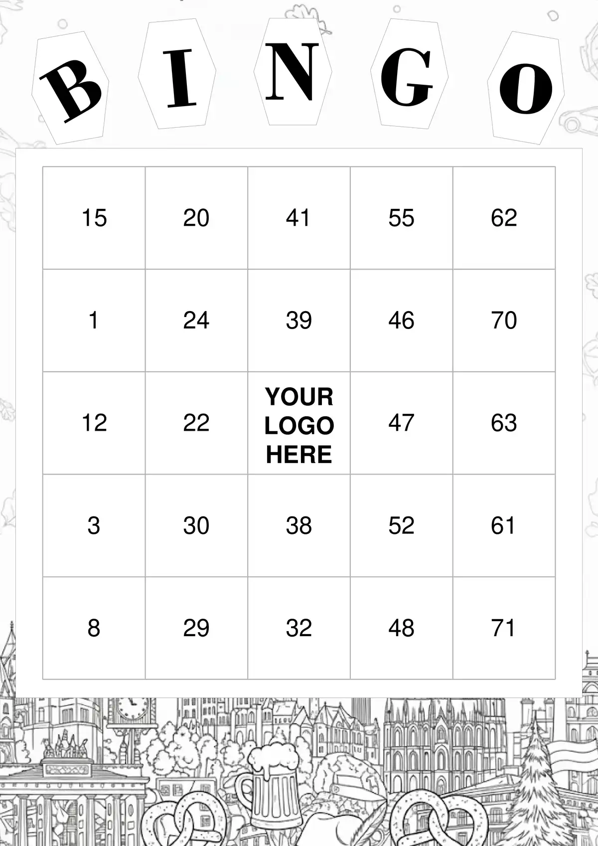 An ink-saving, black and white printable Germany-themed bingo card.