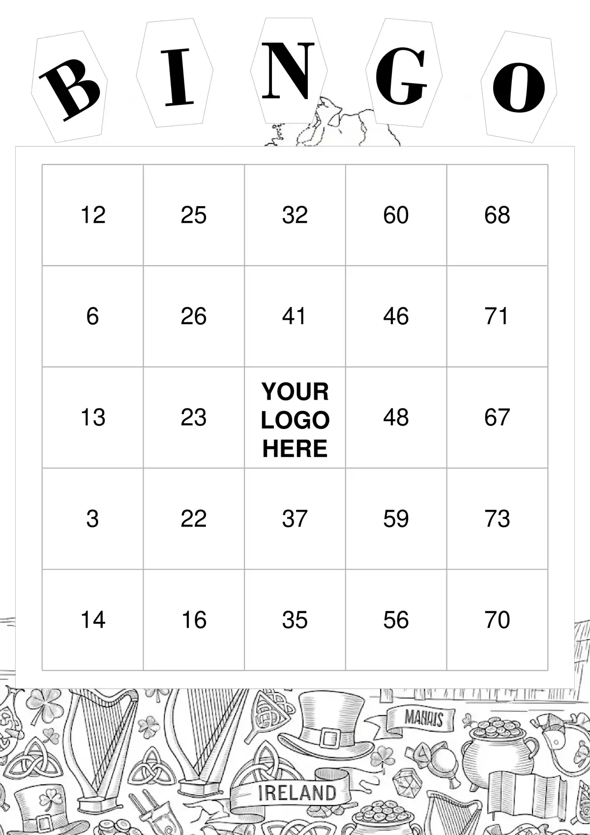An ink-saving, black and white printable Ireland-themed bingo card.