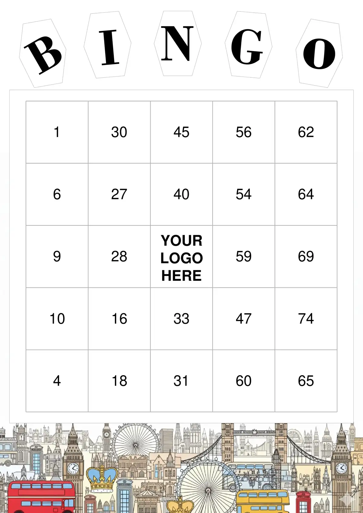 A printable UK-themed bingo card in full color.