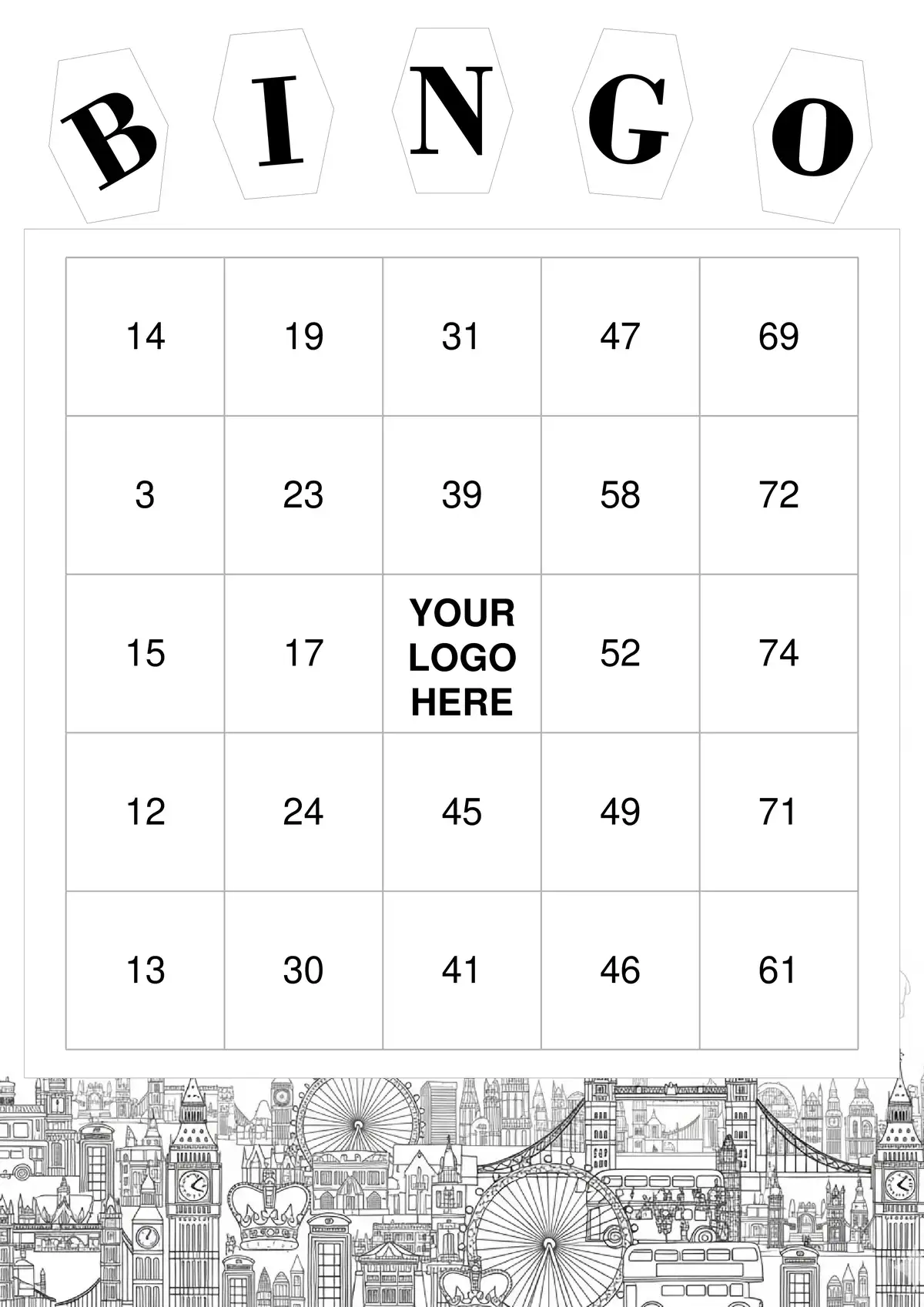 An ink-saving, black and white printable UK-themed bingo card.