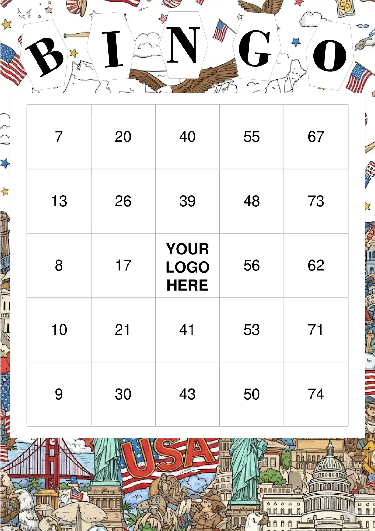 A printable USA-themed bingo card in full color.