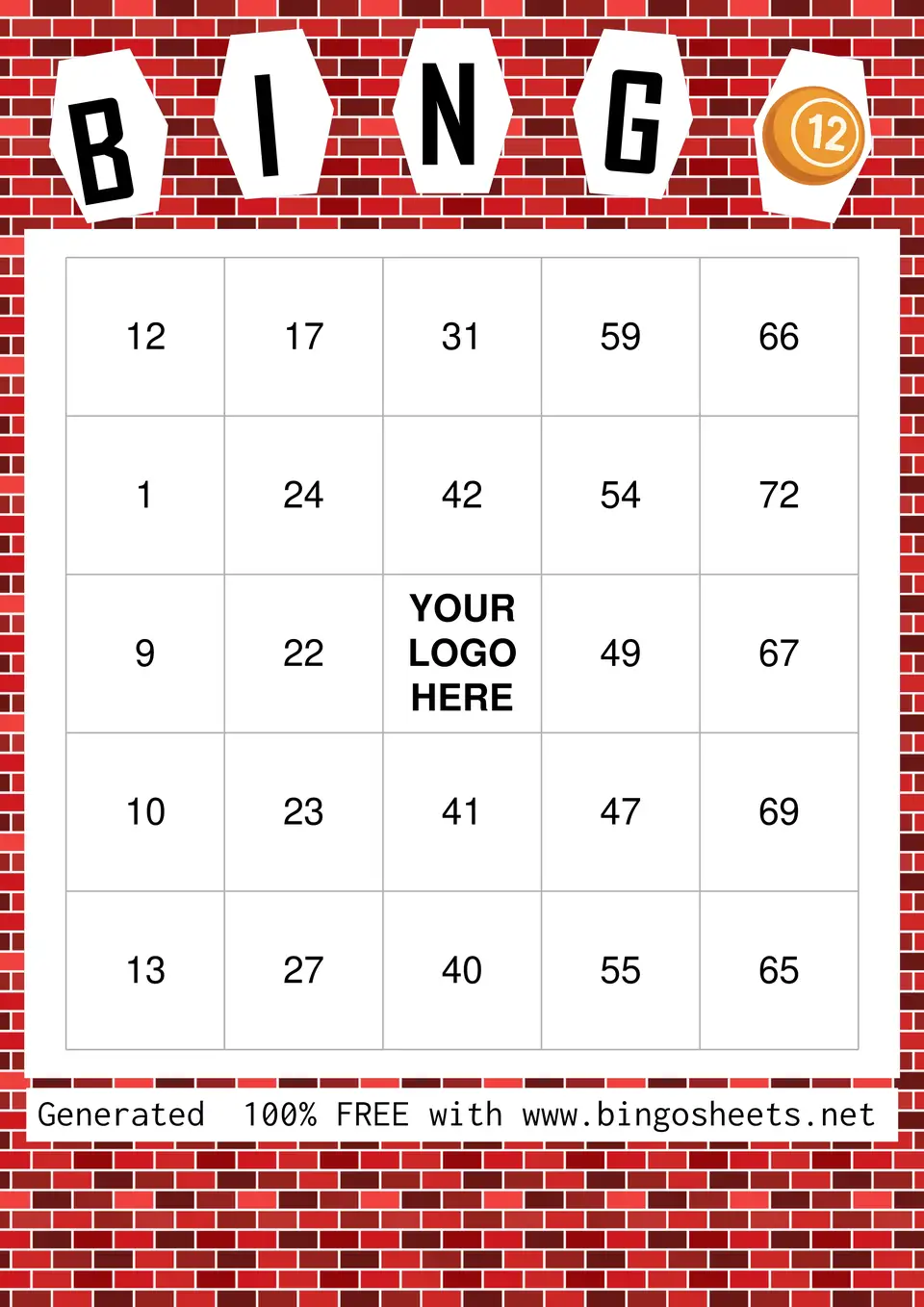 A custom bingo card with a placeholder for a logo, created by BingoSheets.net.