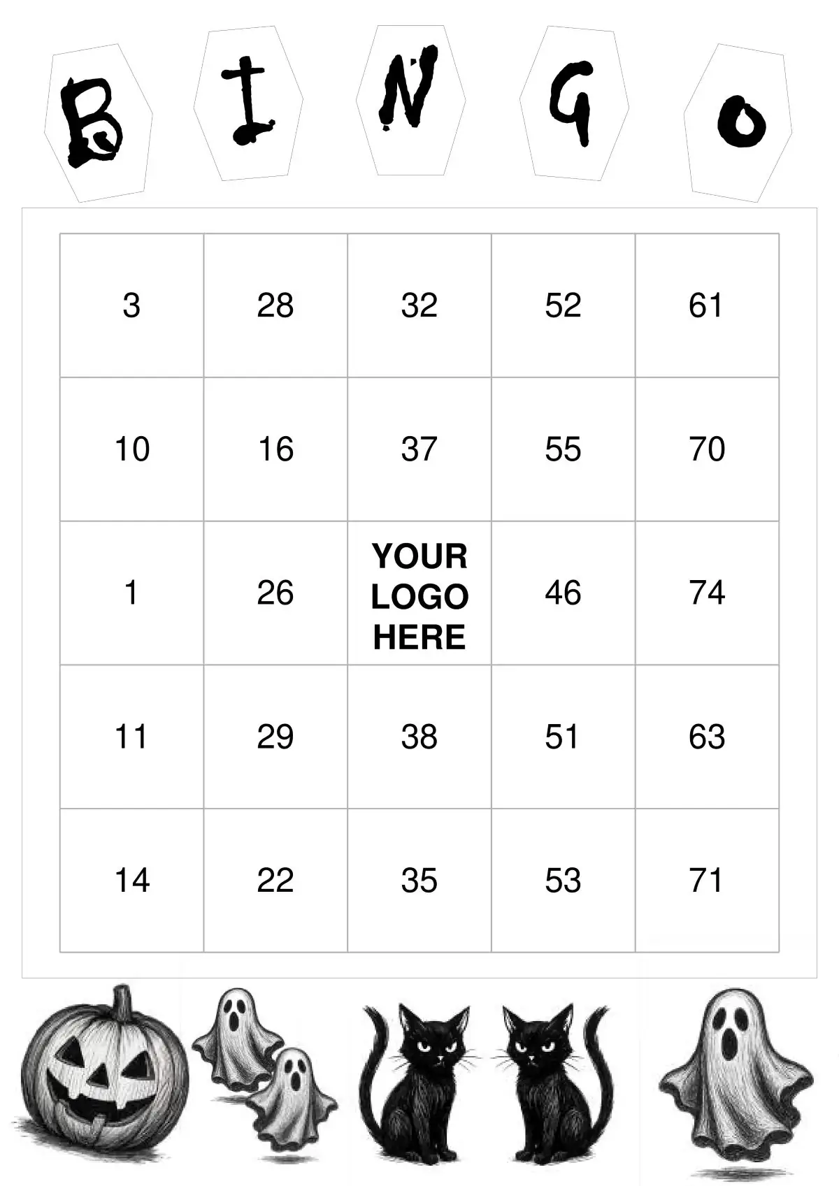 An ink-saving, black and white printable Halloween bingo card.