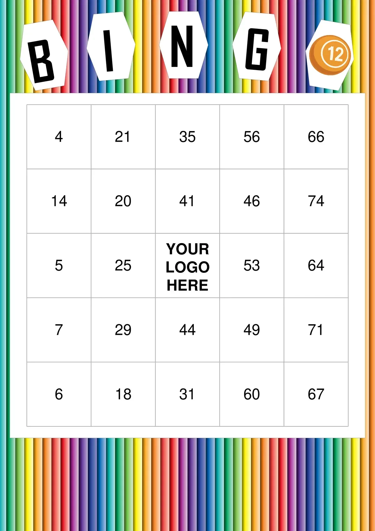 Eine bunte, fröhliche Bingokarte mit einem leuchtenden Streifendesign.