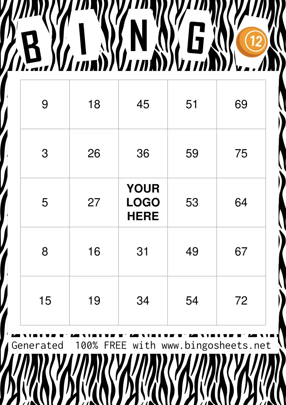 Printable bingo card design with a stylish black and white zebra print pattern.
