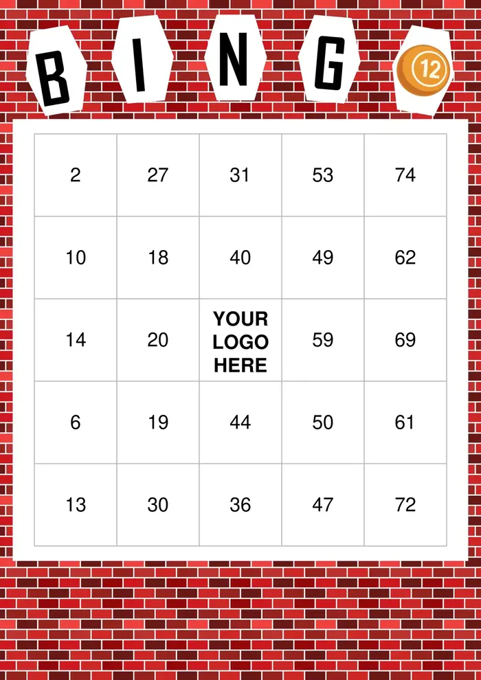 A custom-designed bingo card with a logo in the center.